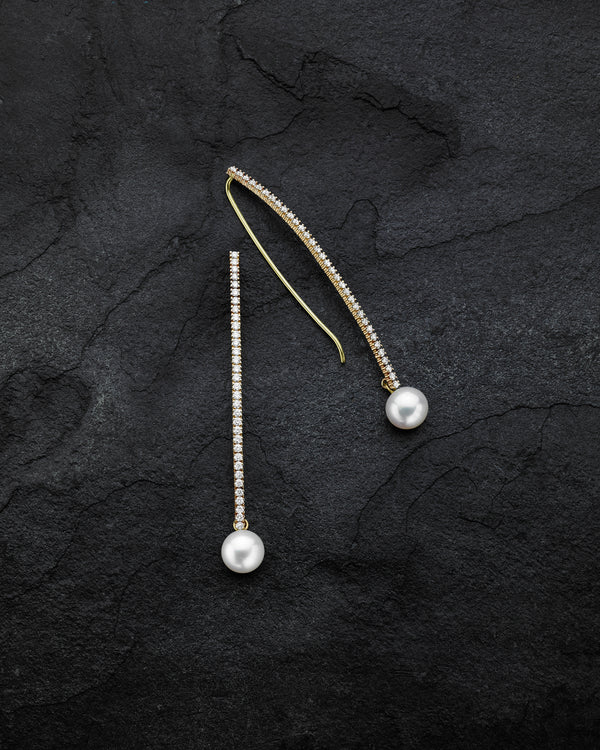Pearl Crescent Diamond T-Drop Earrings