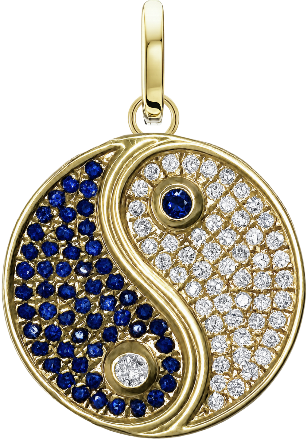 Yin Yang Medallion in yellow gold with diamonds and blue sapphires
