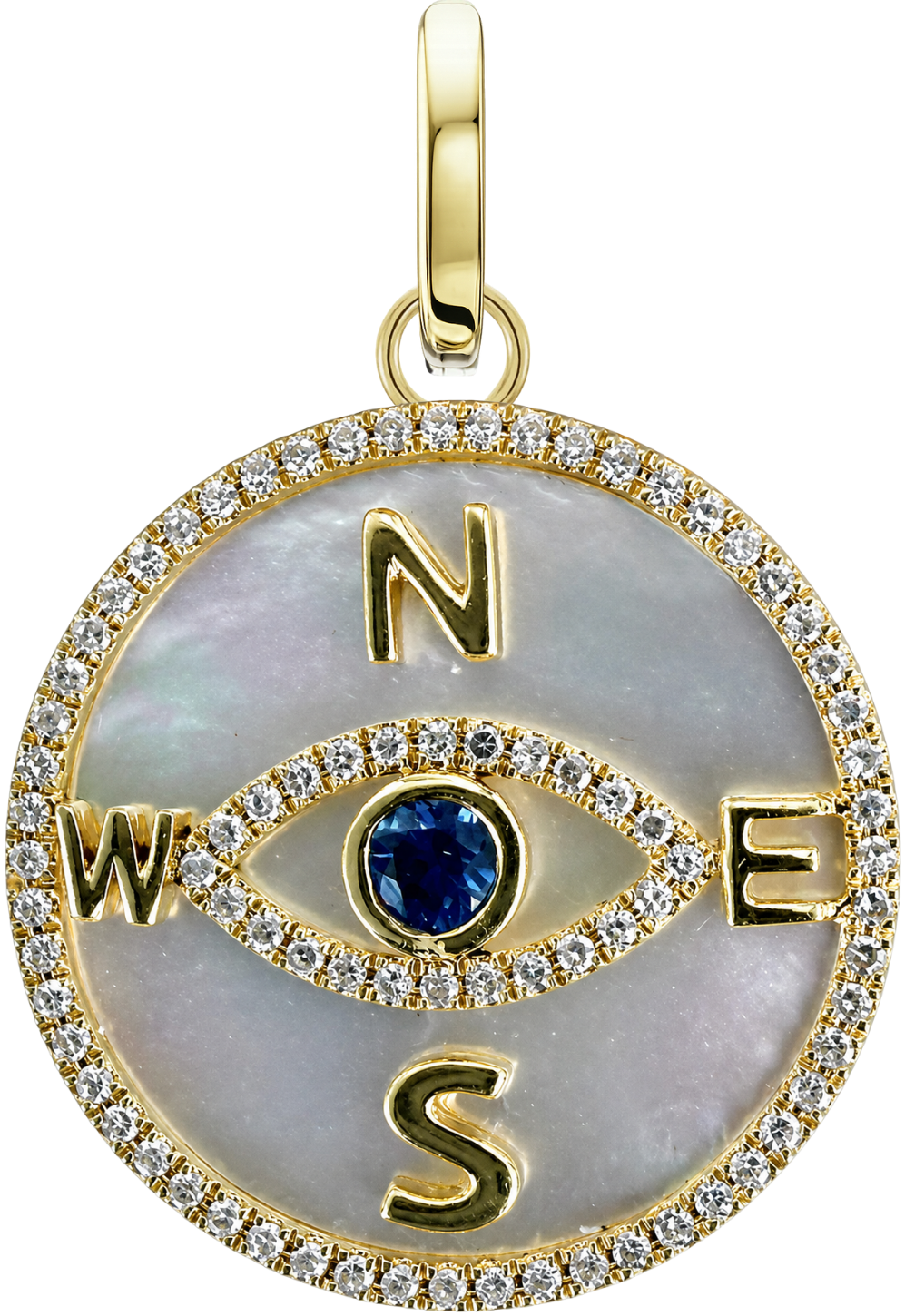 Compass Medallion in yellow gold with mother-of-pearl and a sapphire