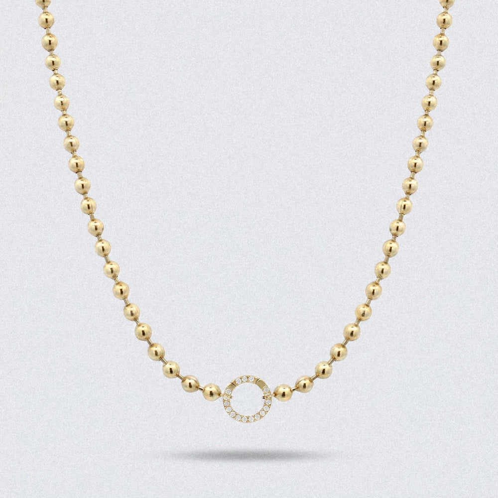 Ball chain necklace in solid yellow gold with a diamond centre ring