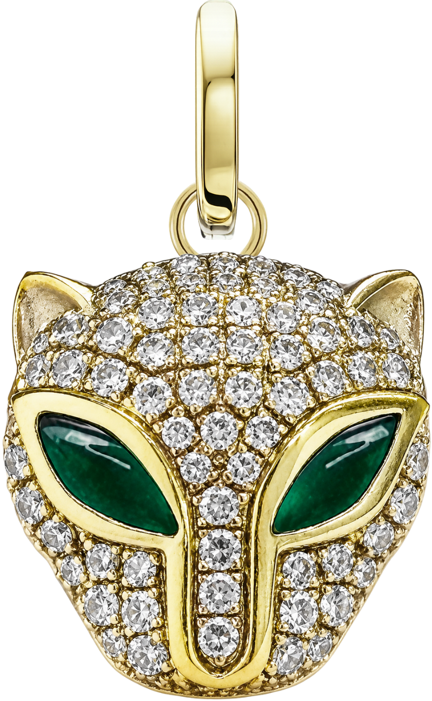 Panther Charm in yellow gold with pavé diamonds and green eyes