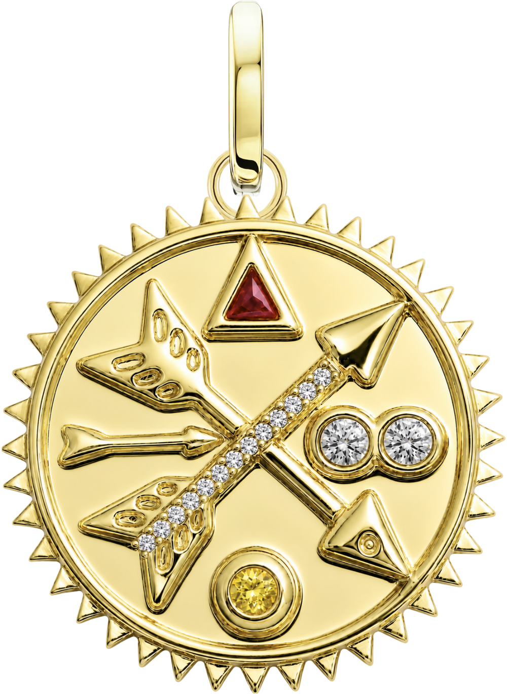 Arrows Medallion in yellow gold with crossed arrows and coloured stones