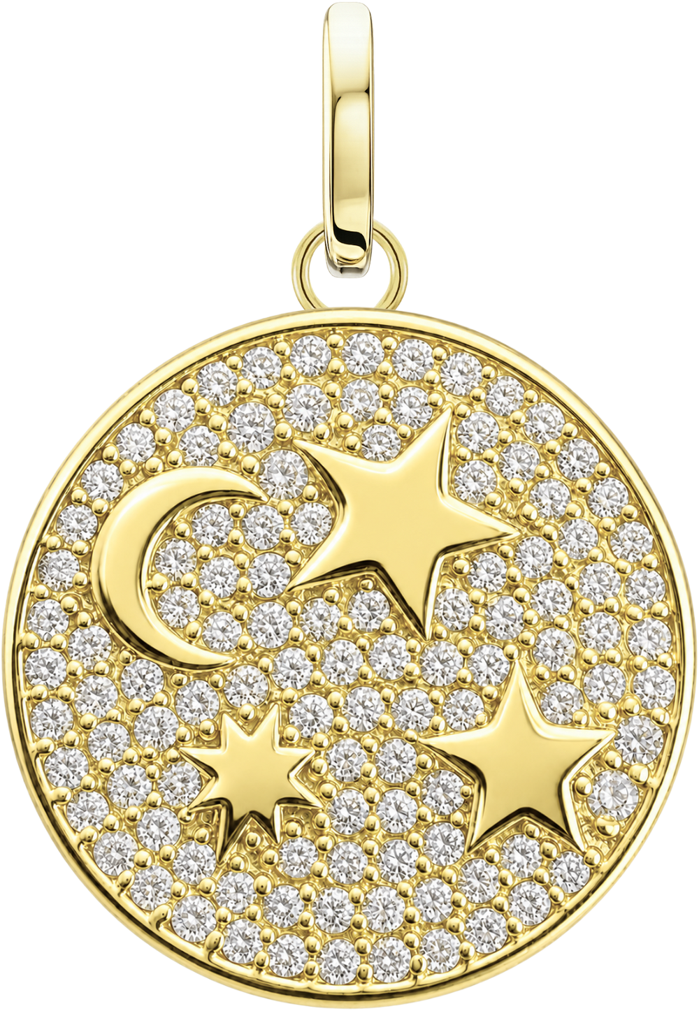 Galaxy Medallion in yellow gold with a crescent moon and stars on pavé diamonds