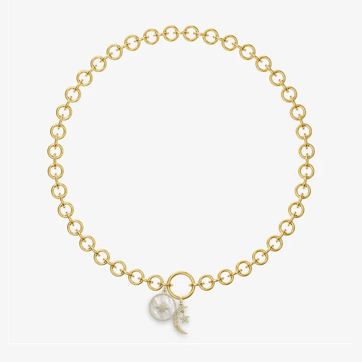 A Starlit Crescent Charm and a Mother of Pearl North Star Medallion on a fine gold chain bracelet