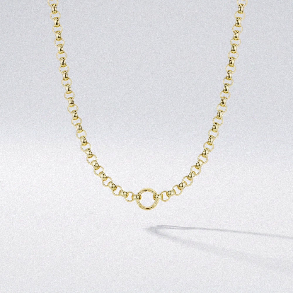 Rolo chain necklace in solid yellow gold with a diamond centre ring