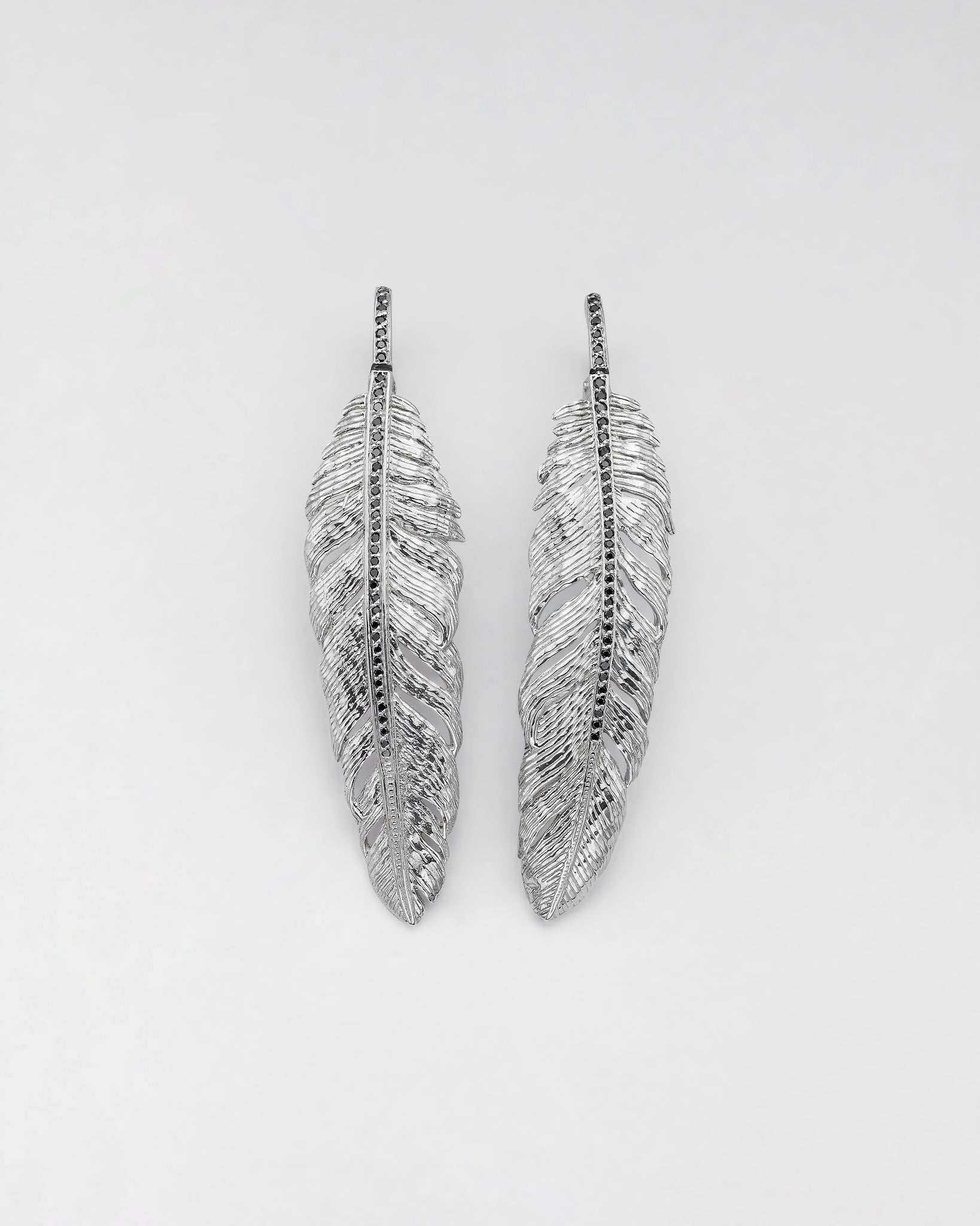 Structured Black Diamond Feather Earrings