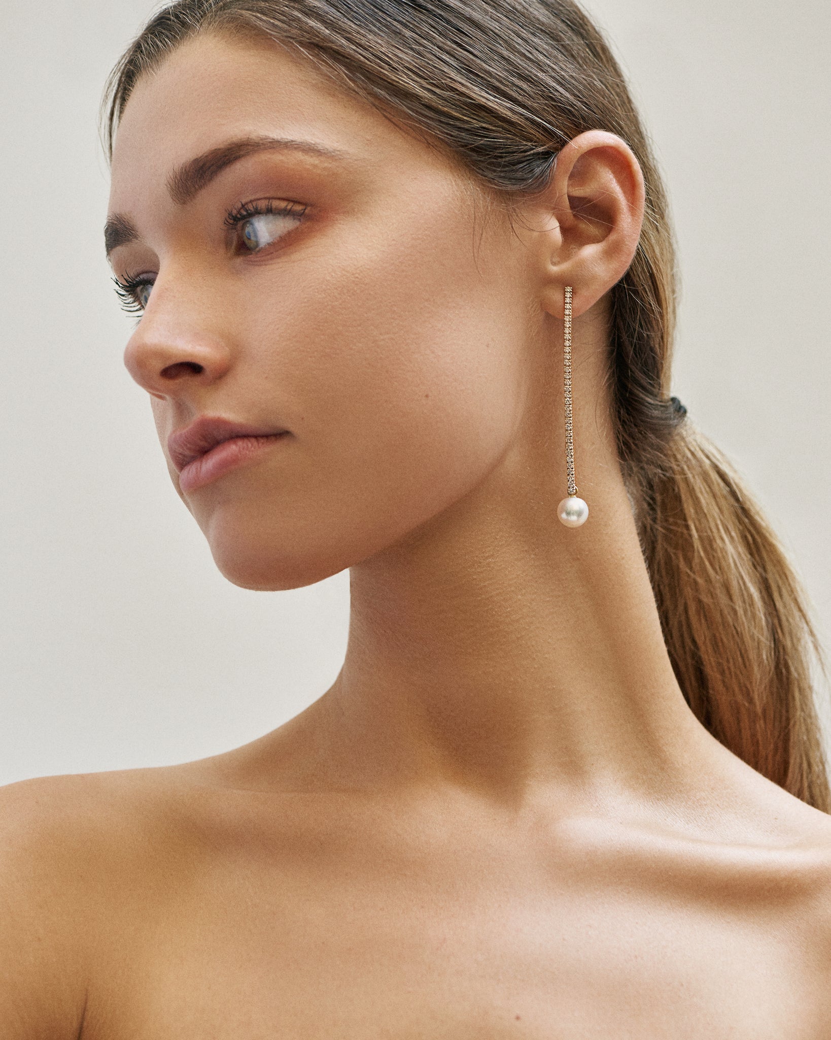 Pearl Crescent Diamond T-Drop Earrings