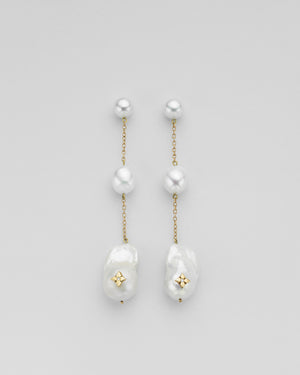 Shoulder Duster Clover Trio Inlay Pearl Chain Earrings