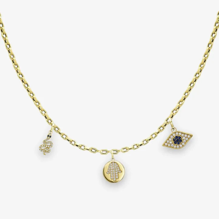 Talisman Trio: Box chain, Petite, 14K yellow, Classic Hamsa Medallion, Sapphire Protective Eye charm, Serpent charm