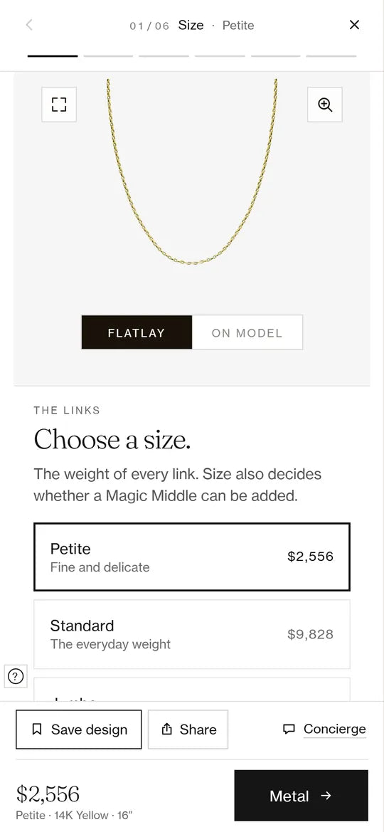 The builder on a phone: choosing the link size of a box chain, with the total at the bottom