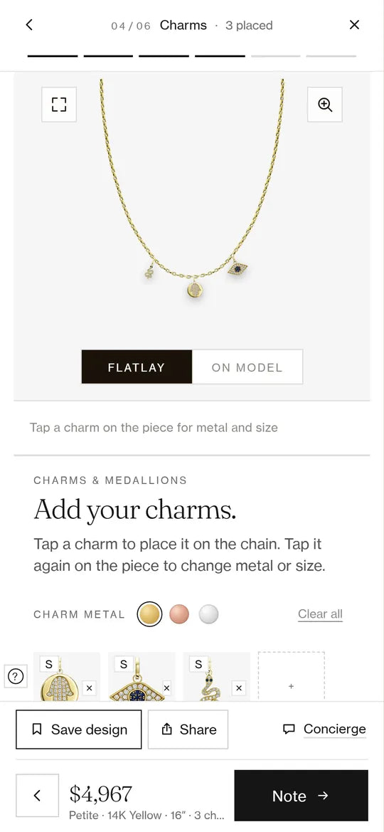 The builder on a phone: three charms placed on the chain, with the charm picker below